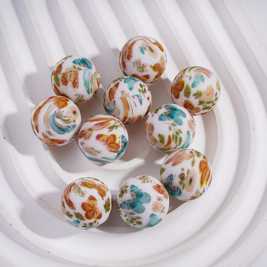 Round Printed Silicone Beads with Multi-Color Flowers, Leaves & Butterflies Design Patterns 15MM Random Mix
