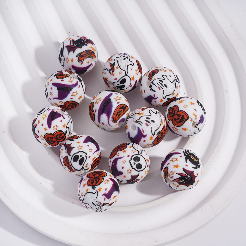 Halloween Series Skull, Spider, Pumed pkin & Bat Print Round Printed Silicone Round Beads