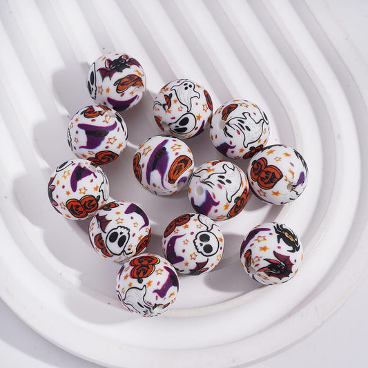 Halloween Series Skull, Spider, Pumed pkin & Bat Print Round Printed Silicone Round Beads