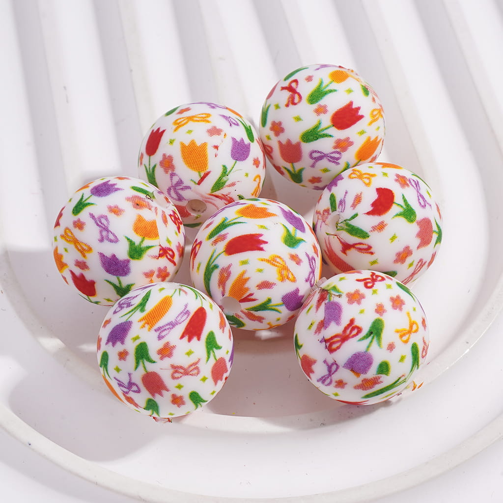 Tulip Flower and Bowknot Designs Print Round Shape Printed Silicone Beads 15MM
