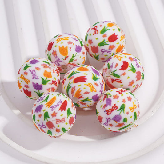 Tulip Flower and Bowknot Designs Print Round Shape Printed Silicone Beads 15MM