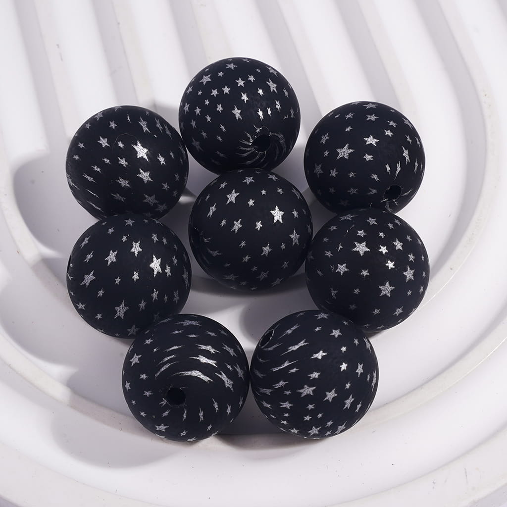 Black Round Stylish Space Themed Printed Silicone Beads with Silver Mini Star Designs 15MM