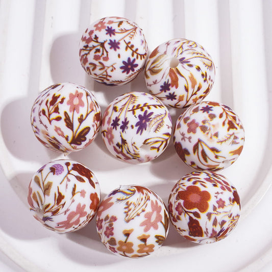 Various Types Flowers Designs Prints on Round Printed Silicone Beads 15MM