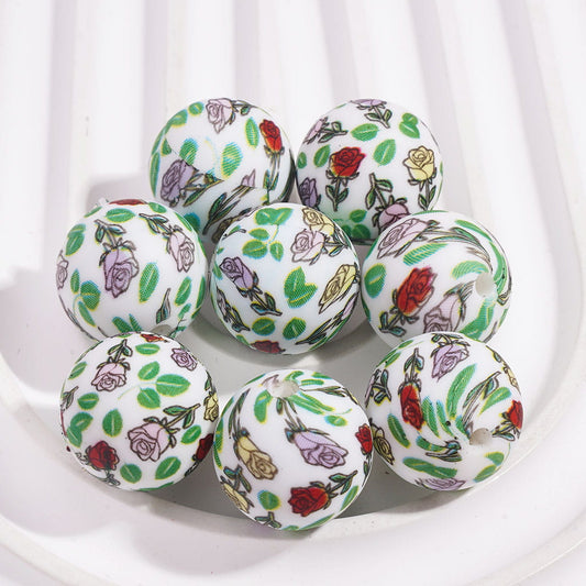 Green Leaves & Mixed Rose Flower Print on Round Printed Silicone Beads 15MM