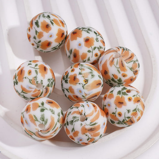 Blue & Yellow Floral Pattern White Round Printed Silicone Beads 15MM
