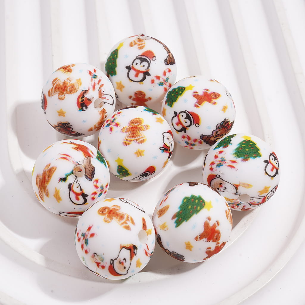Christmas Theme with Santa, Snowman, Deer, Penguin, Gingerbread & Candy Cane Designs Round Printed Silicone Beads 15MM
