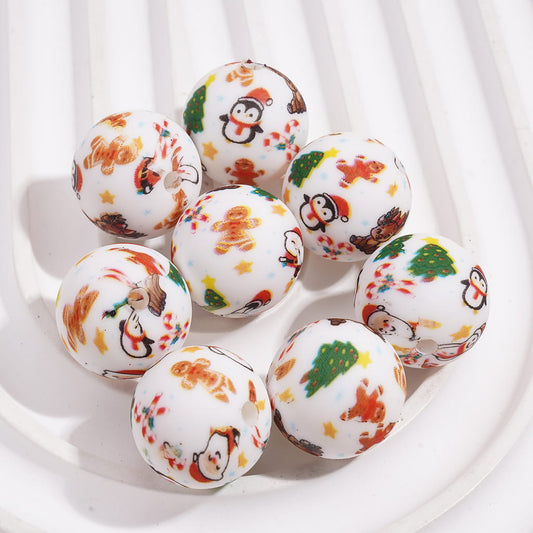 Christmas Theme with Santa, Snowman, Deer, Penguin, Gingerbread & Candy Cane Designs Round Printed Silicone Beads 15MM