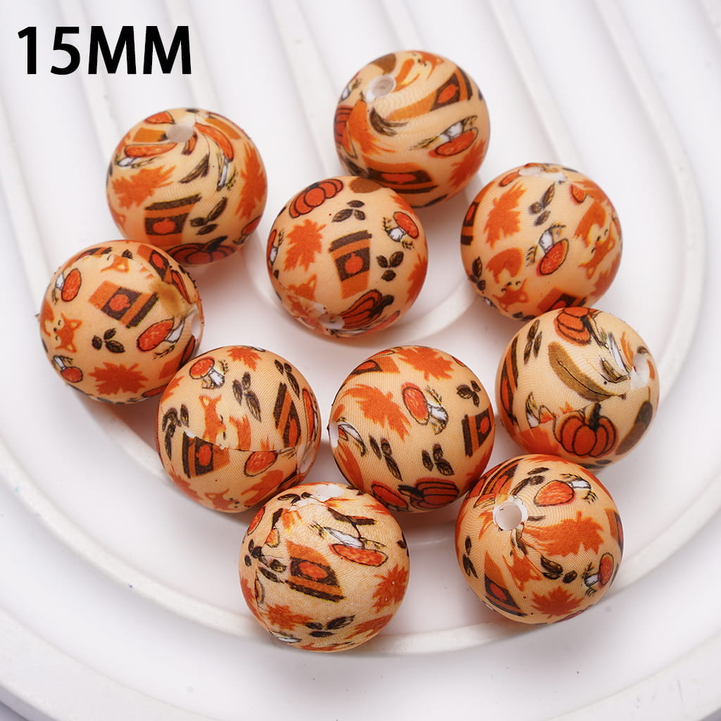 Printed Silicone Beads with Mushroom Pumpkin Fox Autumn Prints, 15MM