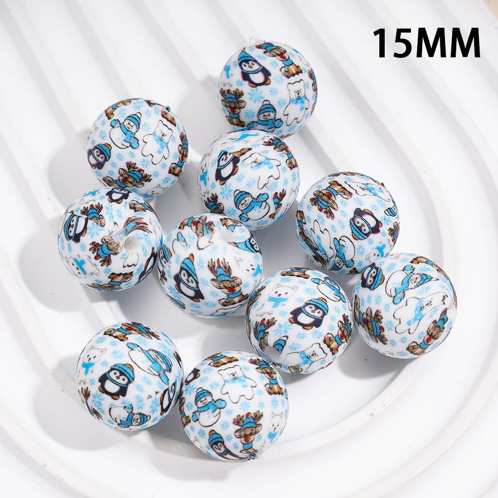 Silicone Beads Round with Christmas Reindeer Fox Snowflake Penguin Snowman, 15MM