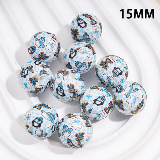 Adorable Festive Reindeer, Bear, Fox, Snowflake, Penguin & Snowman Designs Christmas Theme Round Silicone Beads, 15MM