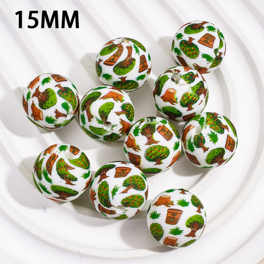 Nature Theme Printed Round Printed Silicone Beads w Tree, Tree Stump, Grass & Flower Pot Design, 15MM, Random Mix