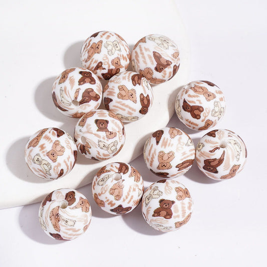 Cute Teddy Bear Printed Soft Round Shape Silicone Beads, 15MM