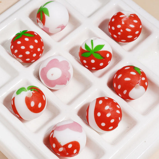 Cute Strawberry and Flower Prints, Soft Round Shape Printed Silicone Beads 15MM