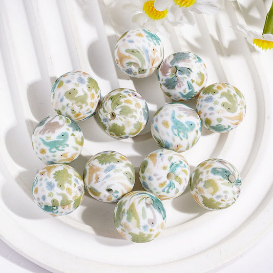 Cute Mini Dinosaurs Series Print Soft Round Printed Silicone Beads, 15MM