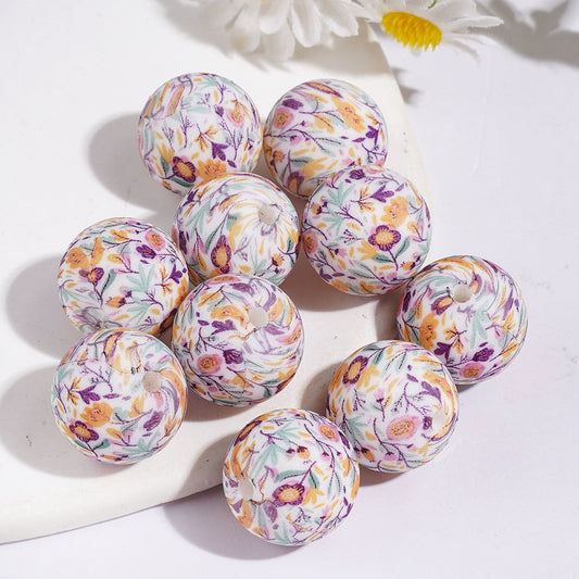 Purple, Yellow & Mint Flower Soft Round Floral Printed Silicone Beads for Bracelets and Necklaces, 15MM