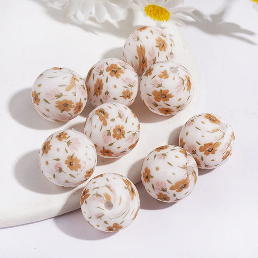 Light Pink & Brown Flower Soft Round Floral Printed Silicone Beads for Bracelets and Necklaces, 15MM