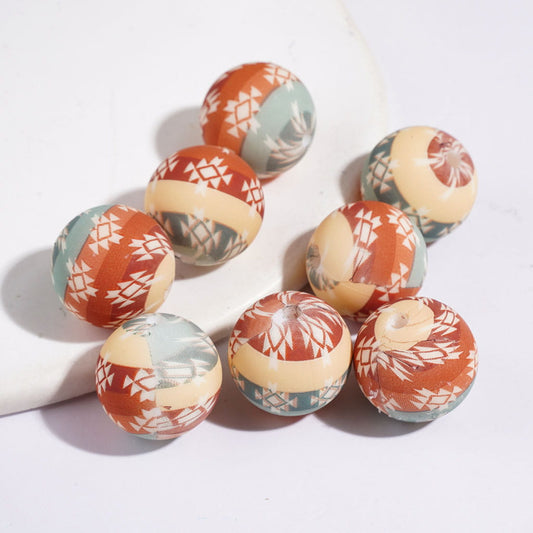 Green & Brown Striped Pattern with Traditional Aztec Design Printed Round Silicone Beads for Bracelets and Necklaces, 15MM