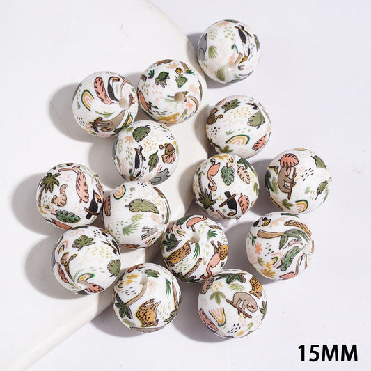 Cute Wildlife Animal Elephant, Monkey, Flamingo & Leopard Designs Soft Round Silicone Beads, 15MM