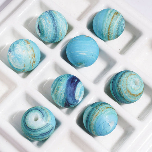 Elegant Turquoise Blue Ocean Swirl Style Printed Round Silicone Beads, 15MM Random Mix