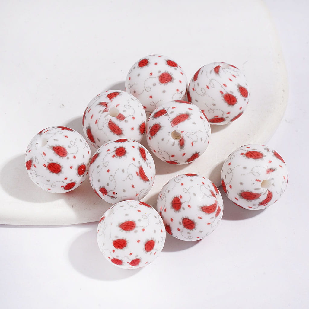 Cute Ladybug Design Printed Soft Round Silicone Beads, 15MM, Random Mix