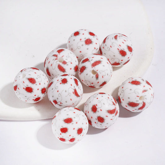 Cute Ladybug Design Printed Soft Round Silicone Beads, 15MM, Random Mix
