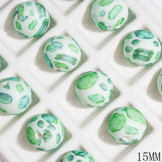 Sage Green Rhinestone Design Prints in Diverse Shapes Round Printed Silicone Beads, 15MM