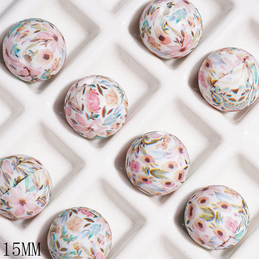 Delicate Soft Pink Petals and Peach Blooms Spring Floral Pattern Printed Round Silicone Beads, 15MM