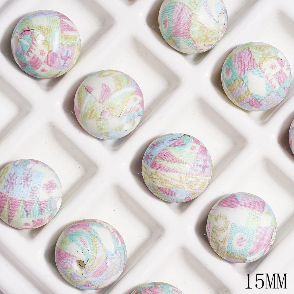 Pastel Colorful Geometric Pattern Printed Round Silicone Beads, 15MM