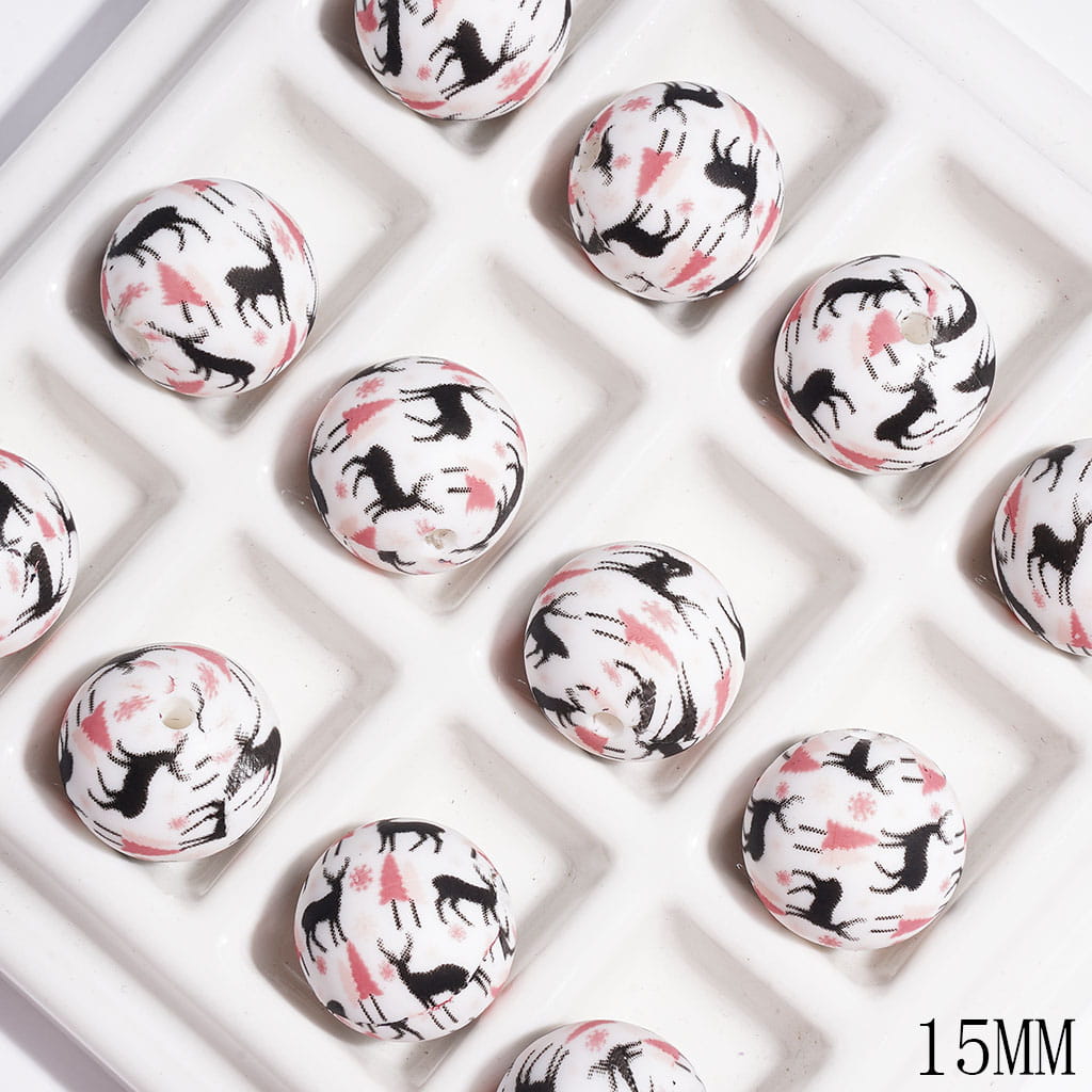 Printed Silicone Beads Round with Black Deer and Tree Prints, 15MM
