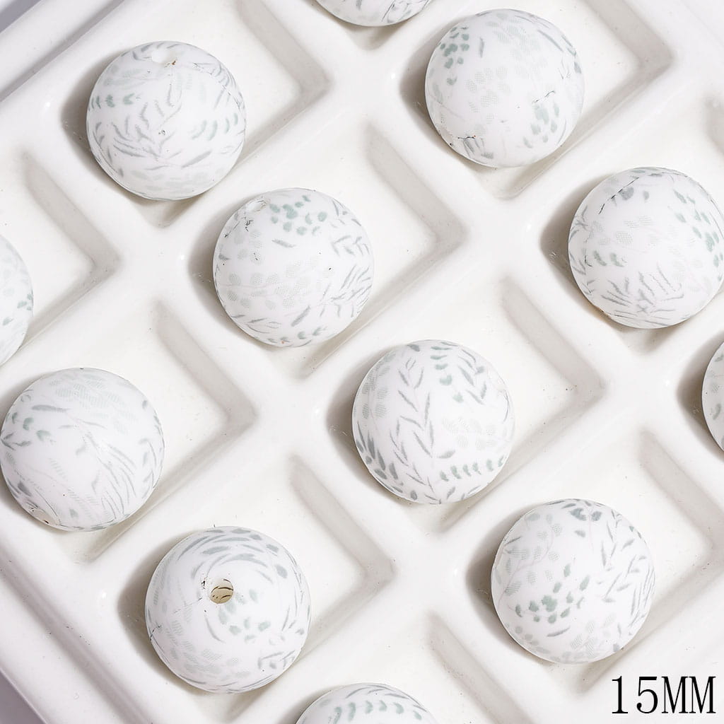 Printed Silicone Beads Round with Light Gray Green Leaves Prints, 15MM