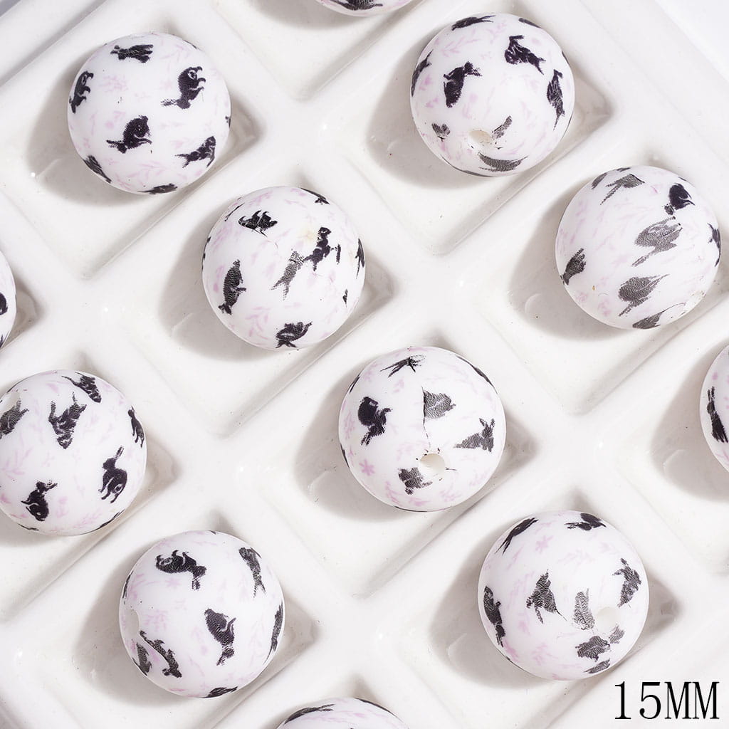 Printed Silicone Beads Round with Black Rabbit and Light Pink Flower Leaves Prints, 15MM