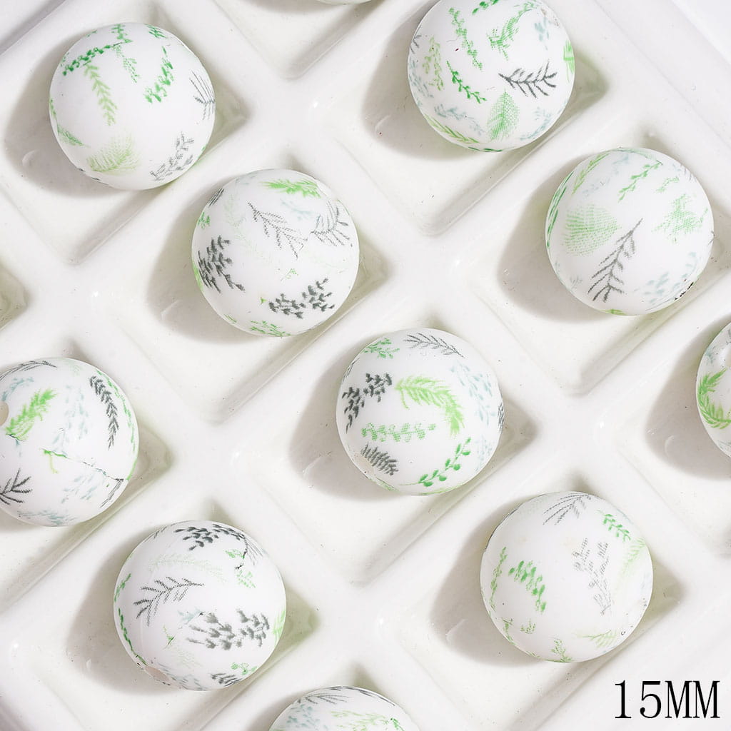 Elegant Light Green and Black Botanical Fern Leaf Design Printed Round Silicone Beads, 15MM