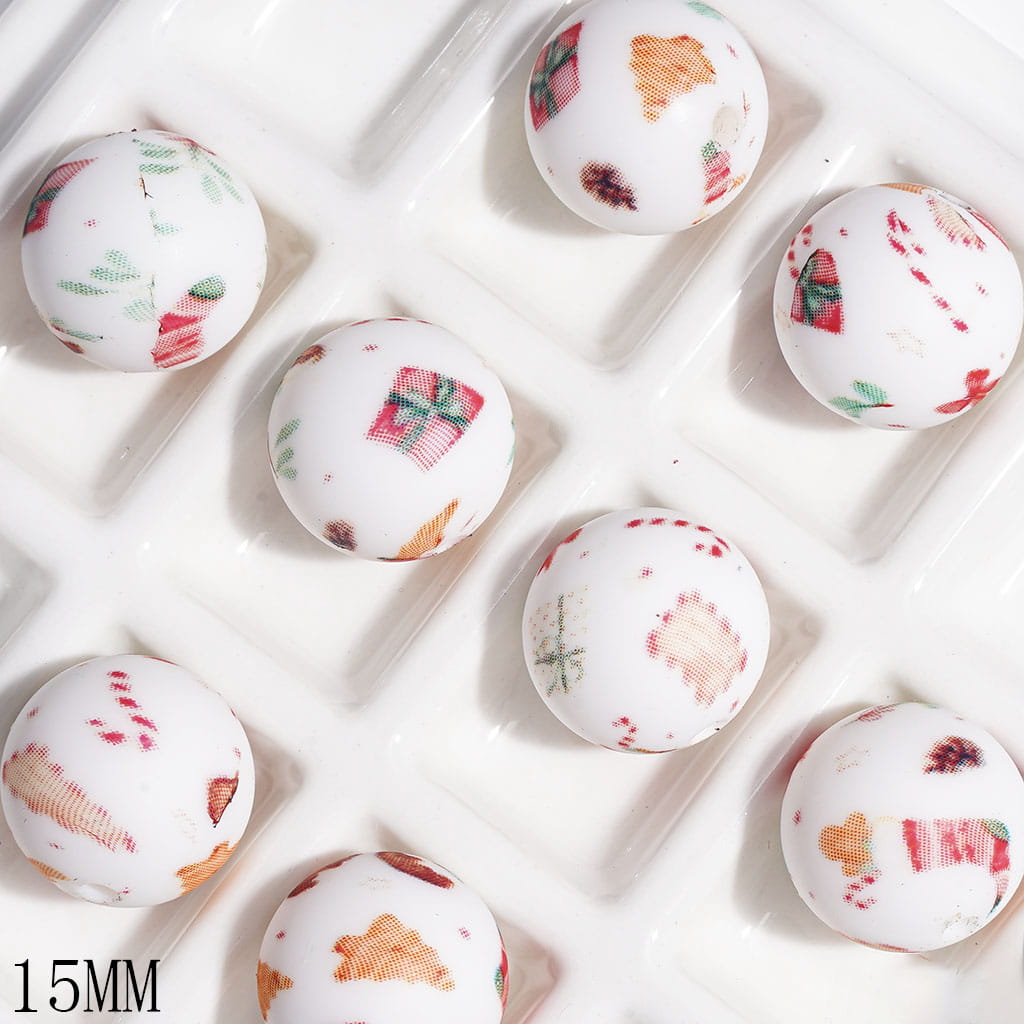 Christmas Gift Box & Red Bow & Tree & Stocking Patterns Printed Silicone Beads, 15MM