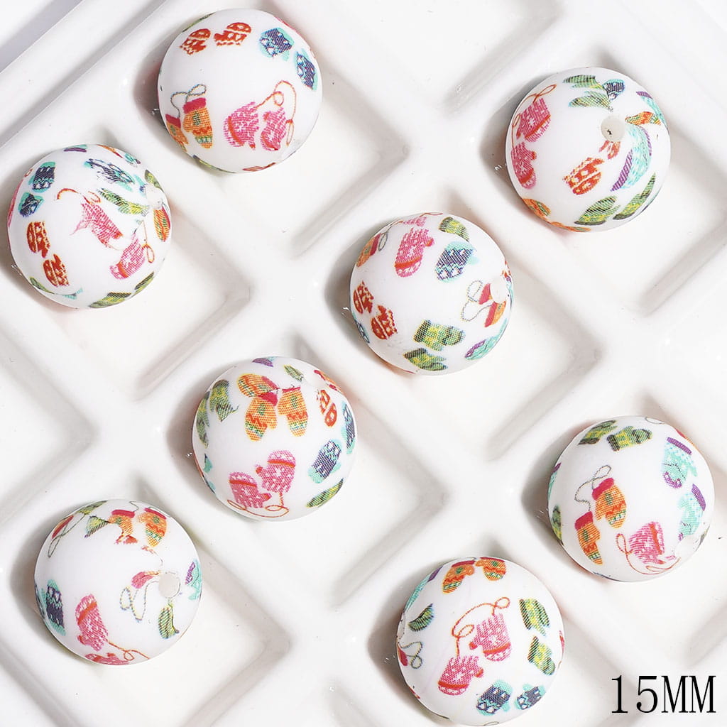Printed Silicone Beads with Winter Colorful Christmas Gloves Patterns, 15MM