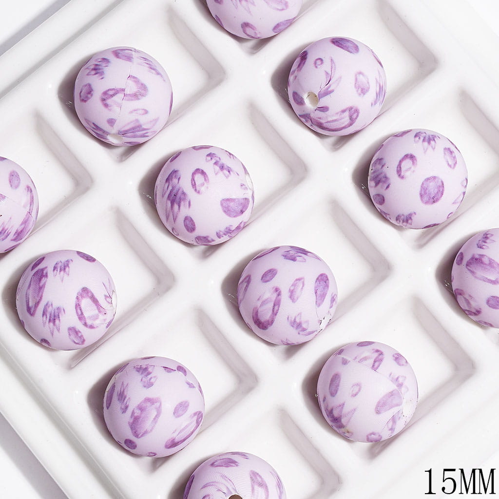 Printed Silicone Beads with Purple Crystal Patterns, Round Beads for DIY Bracelets, 15MM