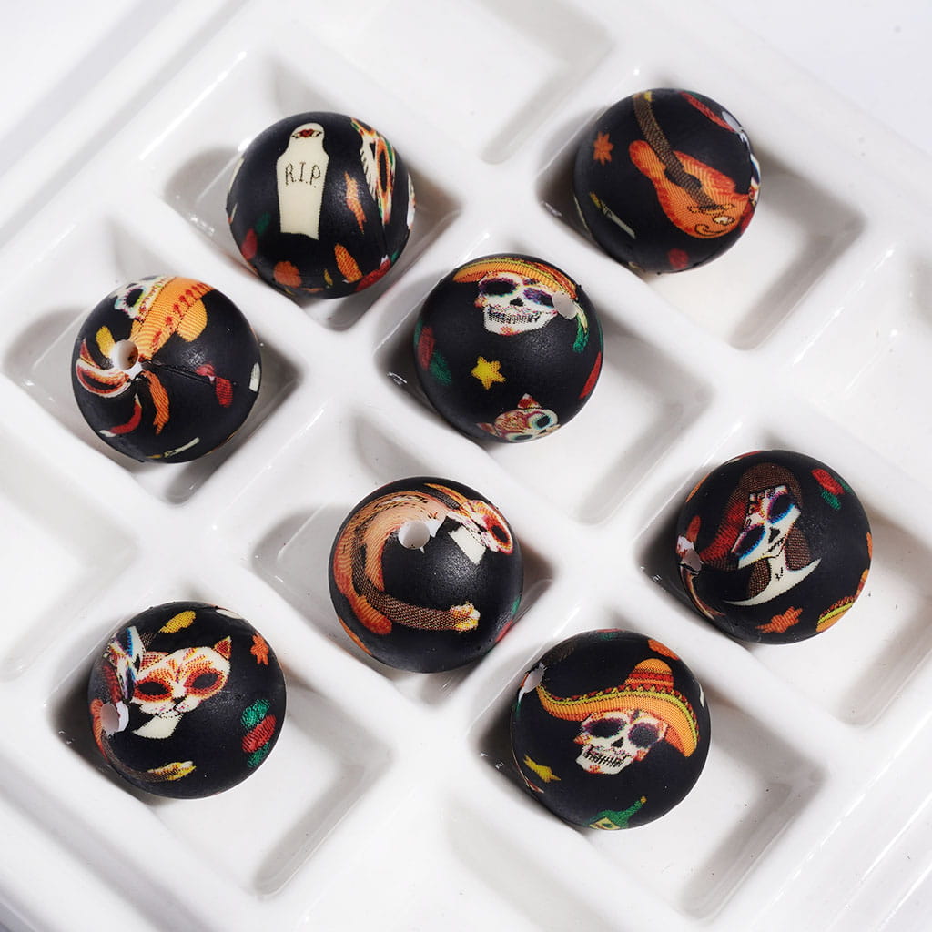 Printed Silicone Beads The Day of the Dead Theme, Round Beads for DIY Bracelets, 15MM