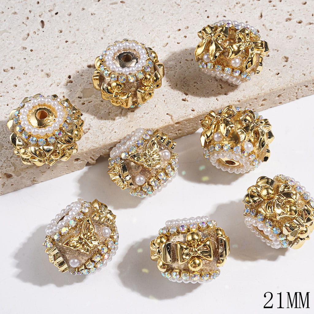 Handmade Golden Butterflies, Bowtie Designs, Sparkling AB Rhinestones and White Pearl Chains Acrylic Beads, 21MM Random Mix