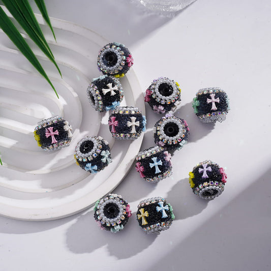 Glossy Cross, Clear Cone Rhinestones, AB Rhinestones & White Pearl Chains Sugar Acrylic Beads 20 MM