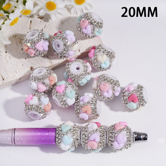 Macaron Color Granulated Heart with Rhinestones & White Pearls Round  Acrylic Beads 20MM Random Mix