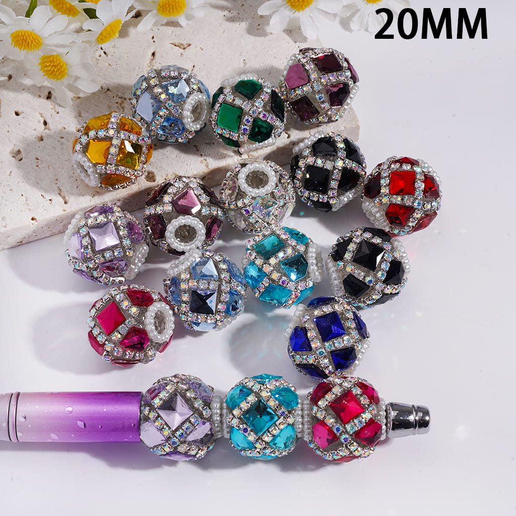 UV Coated Shiny Square & Diamond AB Rhinestone & White Pearl Chains Round Acrylic Beads 20mm Random Mix