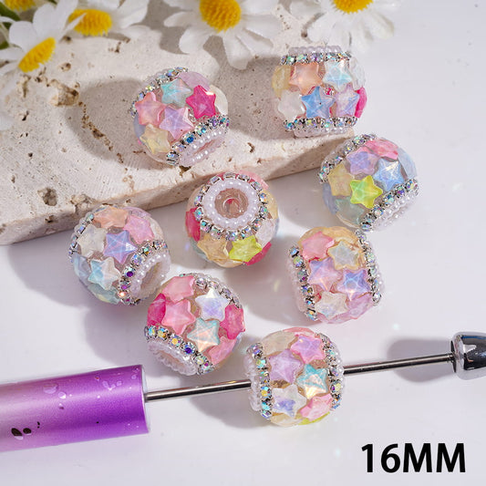 UV Coating Fantasy Iridescent Star Rhinestones with AB Crystals & White Pearl Chains Round Acrylic Beads 16mm Random Mix