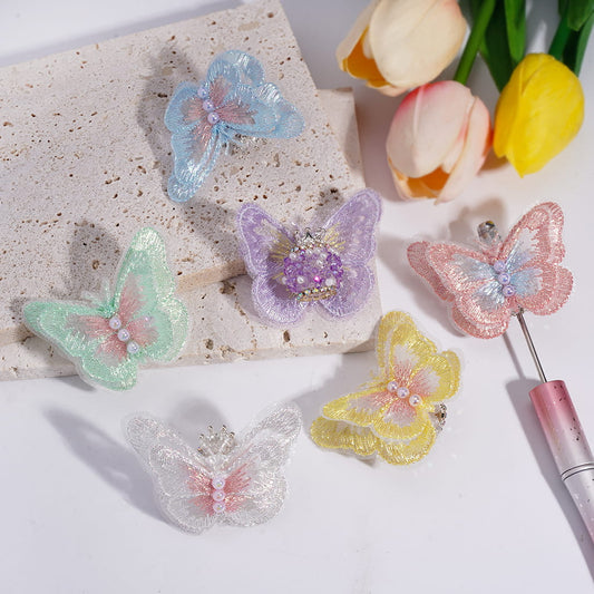 UV Coating Sugar Acrylic Beads with Silver Alloy Crown and Rhinestones, Fabric Butterfly with Half-Shell White Pearl, Multi-Color