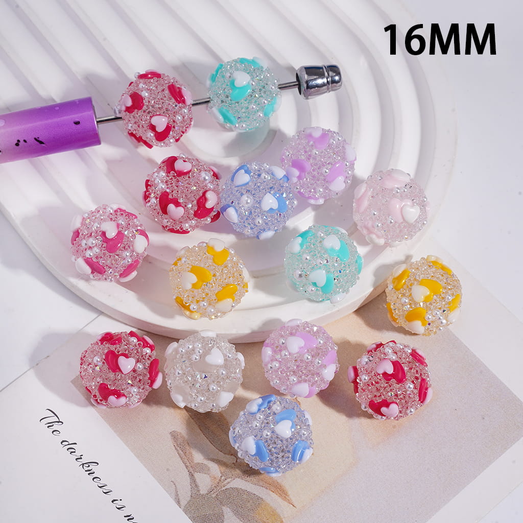 Double Hearts Cone Shape with Clear Rhinestones & White Pearls Round Sugar Beads 16MM, Random Mix