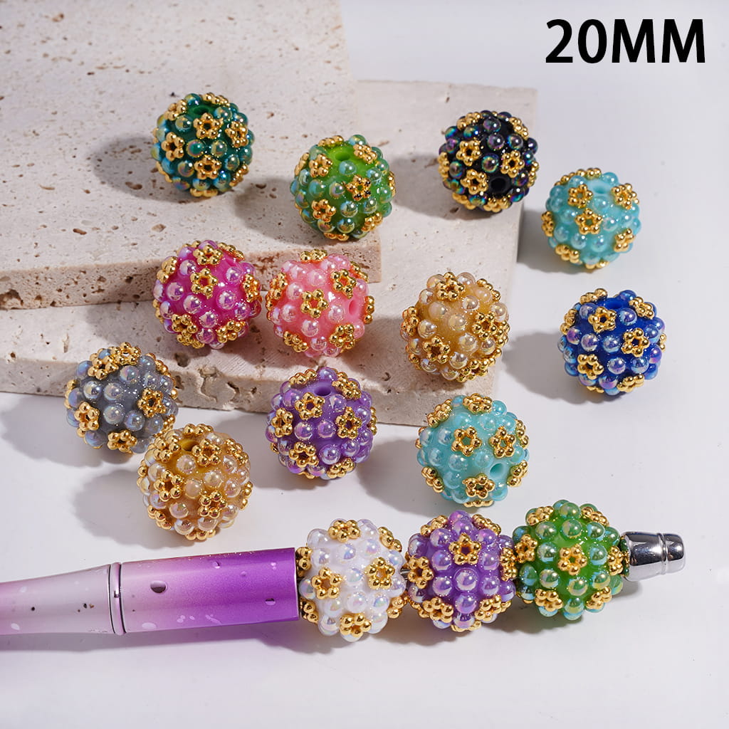 Acrylic Beads with Gold Alloy Flower Balls and UV Coating Half Shell Pearls, 20MM, Random Mix
