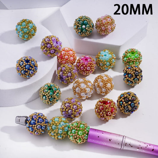 Sparkling Flatback Design & Gold Pearl Details Round Acrylic Beads 20MM Random Mix