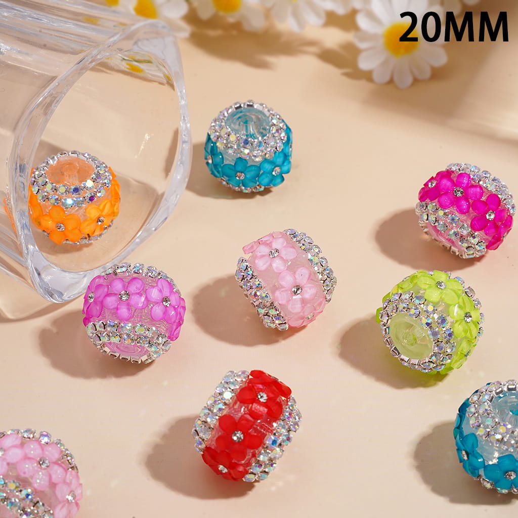 Glitter Flower Details and Double-Layer AB Rhinestone Chains in Neon Colors, Handcrafted Acrylic Beads 20mm Random Mix