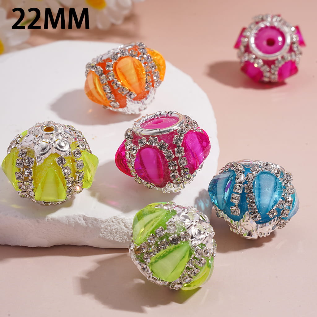Silver Alloy Six Pointed Flower & Round Ring on Both Base Sides, w Drop Water & Clear Rhinestone Chains, Neon Colors, Handmade Acrylic Beads  22MM, Random Mix