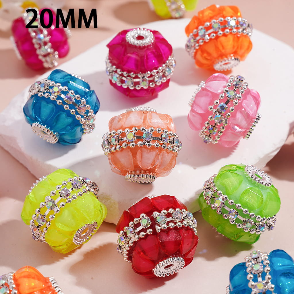 Silver Alloy Round Base, Heart & AB Rhinestone Chains Fluorescent Colors Handcrafted Acrylic Beads 20MM Random Mix