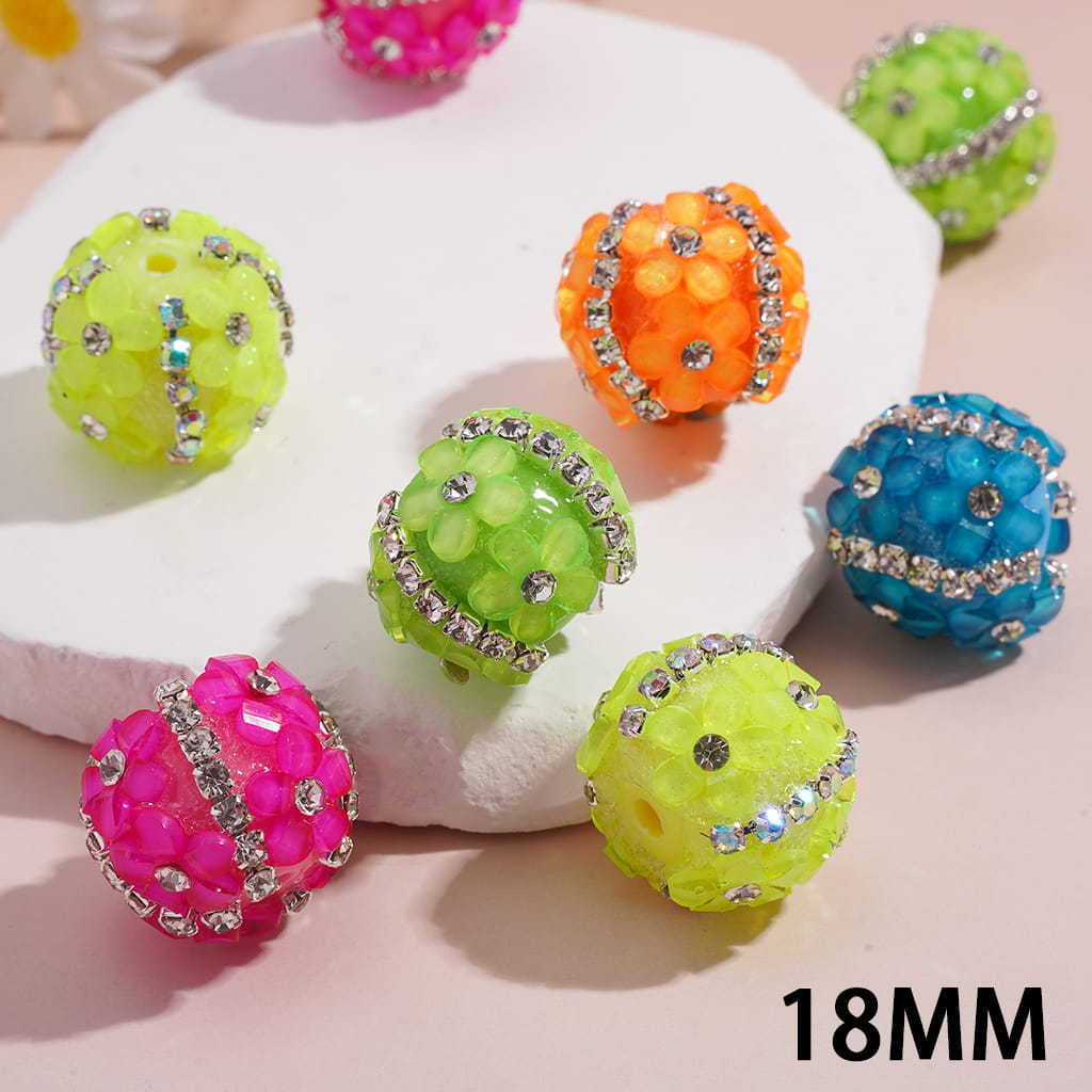 Five-Petal Flowers & Clear Rhinestone Chains Fluorescent Colors Handmade Acrylic Beads 18MM Random Mix