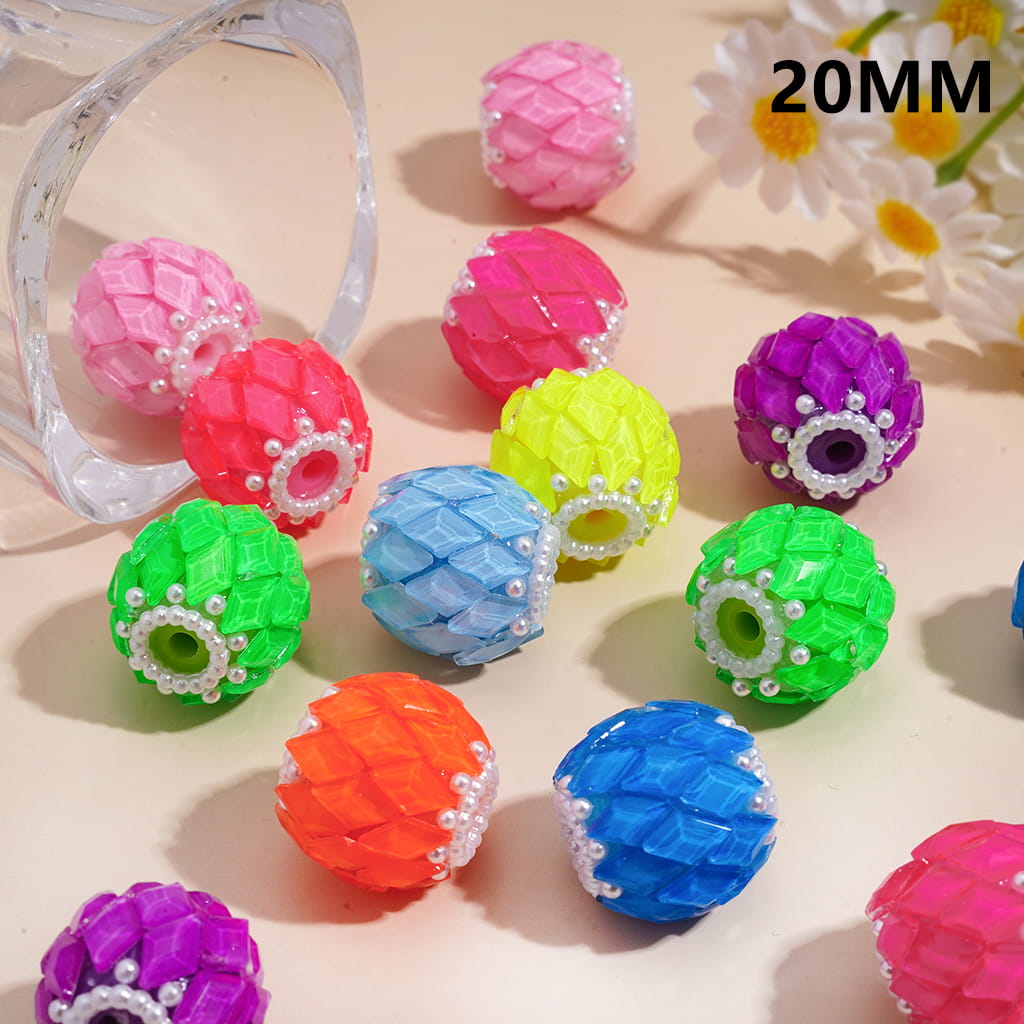 Rhombus Rhinestones & White Pearl Chains in Fluorescent Colors Round Handcrafted Acrylic Beads 20MM Random Mix